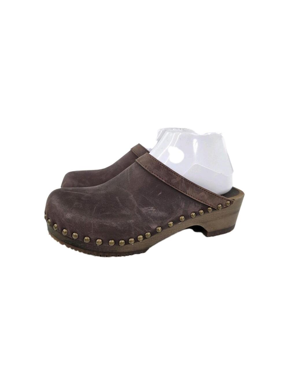Sandgrens Athens clogs US 8.5 fudge brown nubuck leather dark wood Studs Shoes